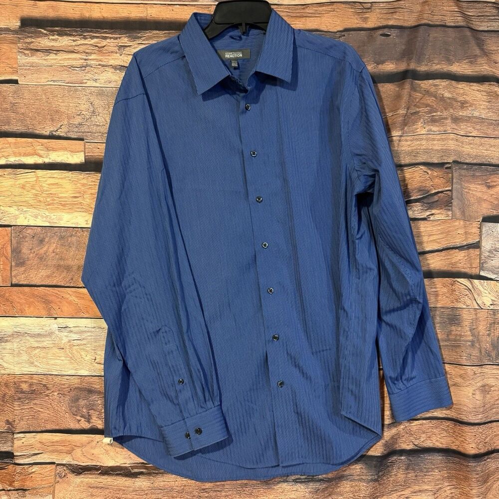 Kenneth Cole Reaction Dress Shirt Mens XL 17 34-35 Blue Pinstripe Slim Fit Work